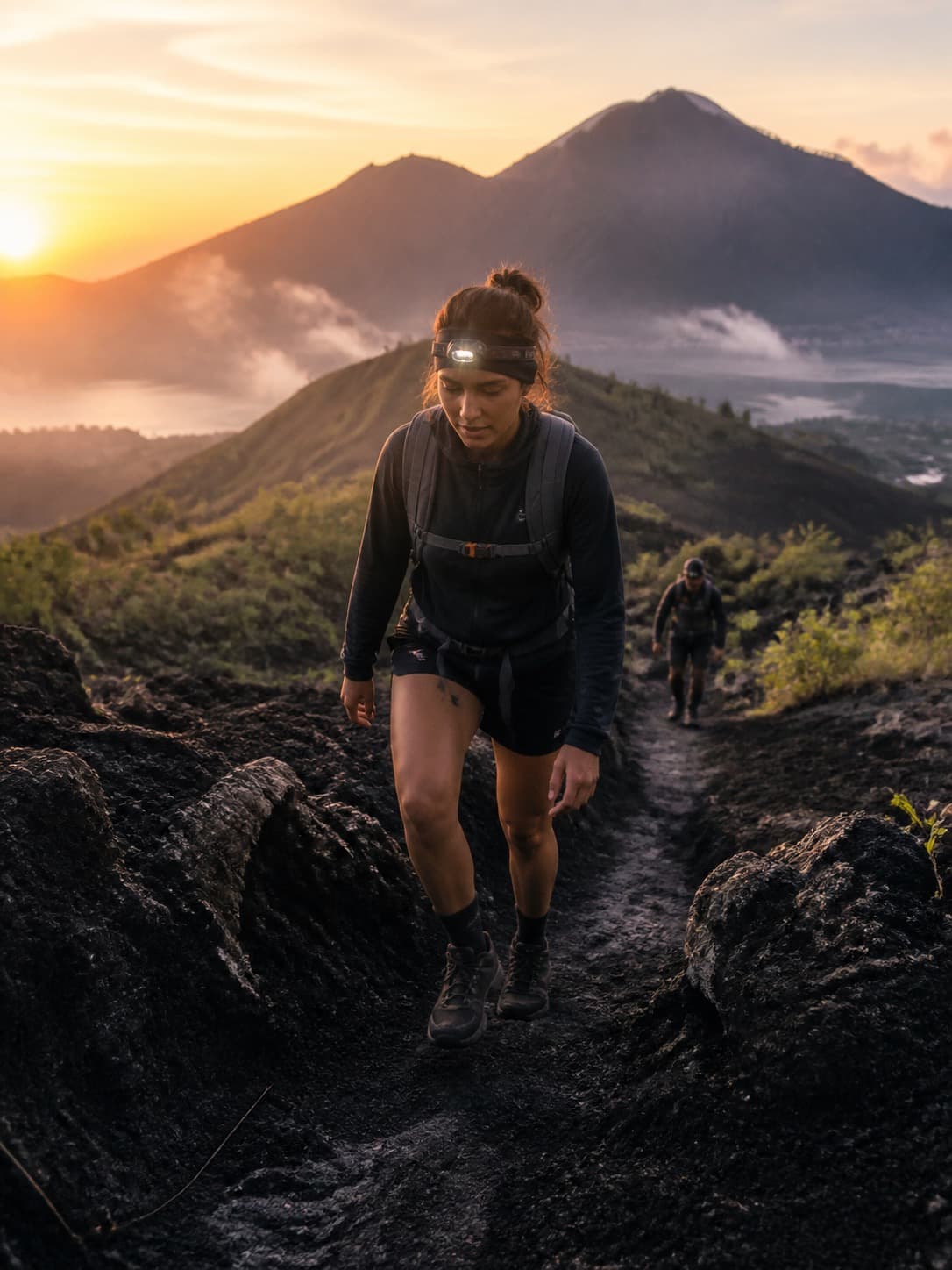 A trekker in a headlamp climbing the lava trail at dawn, a second walker further back