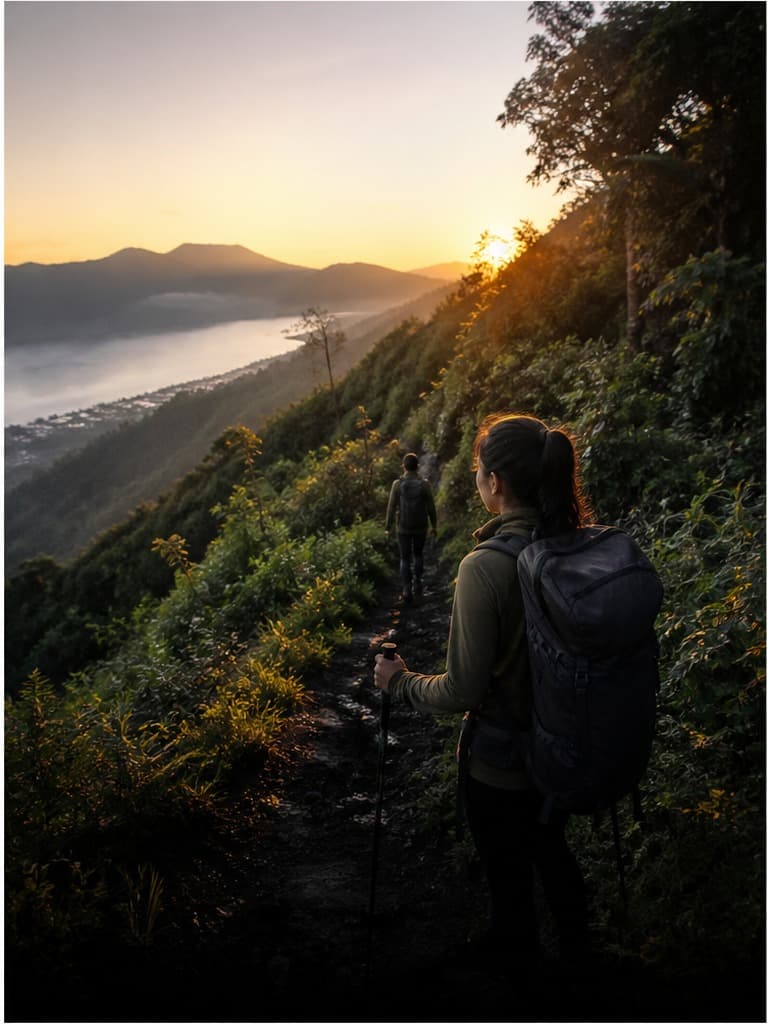 Two trekkers on the Mount Abang ridge at sunrise, with Lake Batur below